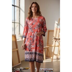 Studio One New York Women XL Coral Paisley 3/4 Sleeve Shift Dress Knee Length